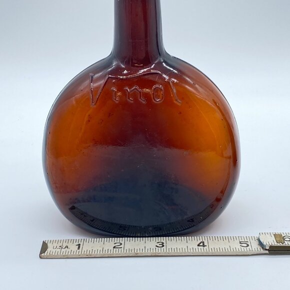 Pair Of Vintage Vinol Green and Amber Glass Flask Style Bottles Rounded Shape - Picture 4 of 15